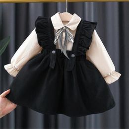 Sweet Children Girls Princess Clothes Set Kids Baby Long Sleeve Tops Shirt+Ruffle Overall Tank-Dress 2pcs Suit Outfit