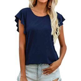 Women Ruffle Sleeve Top Summer Casual Blouse Crew Neck Cute Flowy Tunic Shirt Soft Pullover Comfy Basic Ruffles Loose Ladies Top L220705