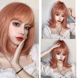 Lm Synthetic Orange Pink Short Wig Shoulder-length Slightly Wavy Lolita Girl Heat-resistant 220622