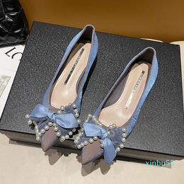 Dress Shoes Spring Women Pearl Wedding Low Heels Lace Bow-knot Pumps Woman Comfortable Pointed Toe Single Ladies