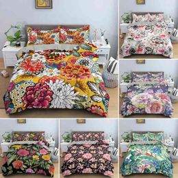 Tropical Flower Leaf Duvet Cover King Queen Colourful Vintage Floral Bedding Set for Adults Women Boho Style Soft Comforter