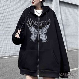 Y2k Streetwear Hoodie Punk Gothic Oversized Skull Wing Evil Flame Unisex Cardigan Zipper Sweatshirt Men Women Jackets Coats