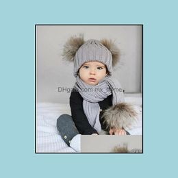 Caps Hats New Autumn Winter Baby Kids Faux Fur Ball Knitted Hat Scarf Set Children Knitwear Beanie Skl Cap 15174 Drop Mxhome Dhghb