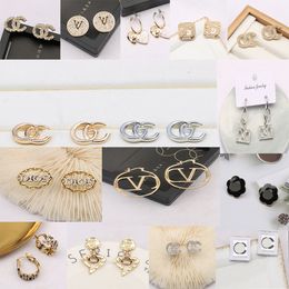 18k Gold Plated 925 Silver Simple Luxury Brand Designer Letters Stud Geometric Famous Women Crystal Rhinestone Pearl Earring Wedding Party Jewelry