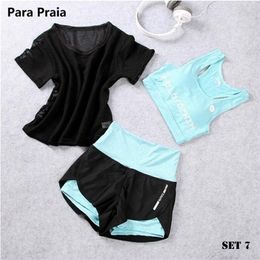 Para Praia High Waist Three Piece Yoga Set Sportswear Women Bra Fitness Vest Shorts Gym Workout 220330