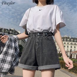 FTLZZ Summer Women High Waist Button Wigh Leg Jeans Shorts Casual Female Loose Fit Blue Denim 220629