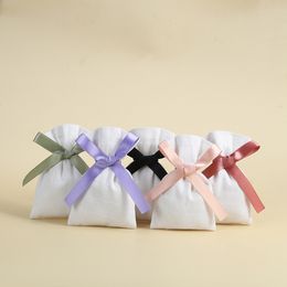white burlap Canada - 50pcs White Cotton Burlap Jewelry bags with Ribbon Custom Logo Can Choose Ribbon Color for Wedding Christmas Candy Gift Packing