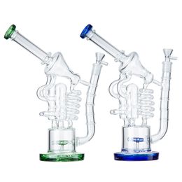 Wholesale Recycler Hookahs 14mm Female Joint Matrix Perc Glass Bong Unique Sidecar Bongs 12 Inch Water Pipe Dab Rigs Heady Green Blue Hookahs With Bowl