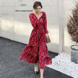 Women Chiffon Dress 2020 Autumn Spring Female Fashion Vintage Long Sleeve V-neck Casual Printed Floral A-line Dress Party Dress T200526