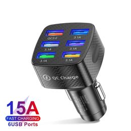 15A Car Charger 6 USB Ports 12V/24V QC3.0 Charger Adapter 5V/3A Fast Charging For iPhone 13 12 Pro Max Samsung Xiaomi Portable Mobile Phone Chargers