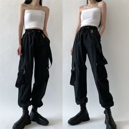 Women Fashion Harajuku Cargo Pants Black Detachable Strap Trousers Female Elastic Waist Streetwear Plus Zise Casual 220325