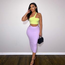 Work Dresses One Shoulder Yellow Crop Top Purple Skirt Prom Dress 2 Pcs Matching Set Bodycon 2022 Summer Women Outfit Beach Elegant