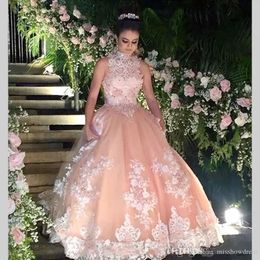 Elegant High Neck Lace Quinceanera Dresses Tulle Lace Applique Beaded Ball Gowns Floor Length Prom Party Princess Dresses