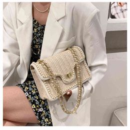 Straw Beach Shoulder Bags Female Small Crossbody Handbag Chain Summer 2021 New Fashion Pearl Hand-Woven Women's Bag G220506