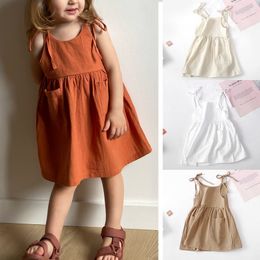 Children Girls Summer Casual Dress Solid Suspender With Pocket Cute Clothes For 2 6T Princess Wedding Party Gift Costume 220714