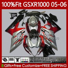 Injection Mould Fairings For SUZUKI GSXR 1000 CC K5 GSXR-1000 GSXR1000 05 06 Bodywork 122No.112 1000CC GSX R1000 2005 2006 GSX-R1000 2005-2006 OEM Body Kit Red silvery