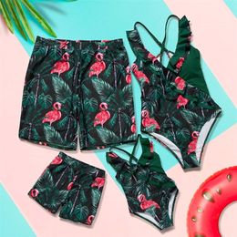 Flamingo Family Matching Swimsuits Outfits Mother Daughter Swimwear Mommy and Me Bikini Dresses Clothes Dad Son Swimming Shorts 220531