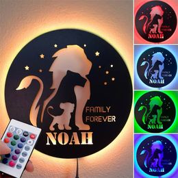 Personalised Lion Family Wood LED Lamp Adjustable Lighting with Name Decor Night Light for Home Custom Wooden Name Wall Lights 220623