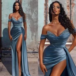 Elegant Off Shoulder Evening Dresses A Line Backless Crystal Split Side High Sexy Prom Gowns B0408 W220421