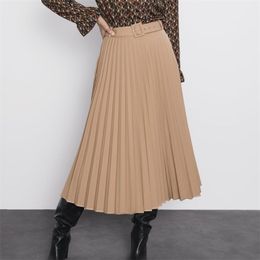 Women Pleated Skirt Spring New Fashion Belt Zipper Fly Modern Lady Long Skirts T200324
