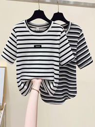 Women's T-Shirt Crop Top Womens Clothing Summer T Shirt Femme 2022 Korean Style Stripe Casual Women Short Sleeve Slim Basic TshirtWomen's