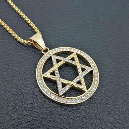 Pendant Necklaces Crystal Jewish Star Of David Stainless Steel Hexagram Pendants Gold Color Hip Hop Rapper Bling Iced Out JewelryPendant