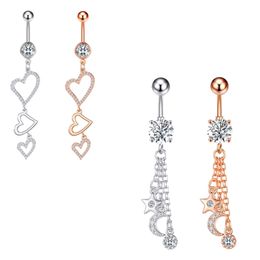 Dangle Chain Belly Button Rings CZ Star Heart Navel Ring 316L Stainless Steel Zircon Body Piercing Jewelry