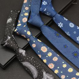 Bow Ties Cotton Denim For Men 7CM Floral Feather Dot Blue Neck Tie Wedding Party Casual Print Slim Neckties Daily Wear Gifts Fred22