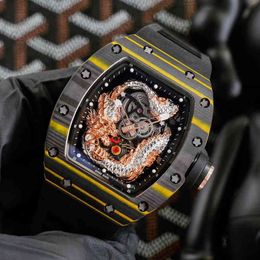 Watches Wristwatch Designer Richa Milles Carbon Fibre Dragon Tiger Wine Barrel Mens Automatic Mechanical Watch Hollowed Out Luminous Tape