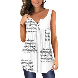 Summer Casual Sleeveless Tank Tops for Women Fashion Letter Prints Henley V Neck Button Up Tunic Casual Sleeveless Elegant Shirt L220706