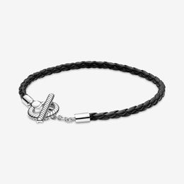 Moments Bracelet 100% 925 Sterling Silver Braided Leather T-bar Bracelet Fashion Jewelry Accessories