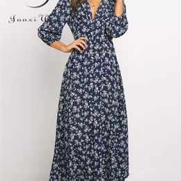 Women Summer Elegant Floral Print Maxi Dress Boho Three Quarter Sleeve V Neck Casual Office Long Dress Beach Robe Tunic 220516