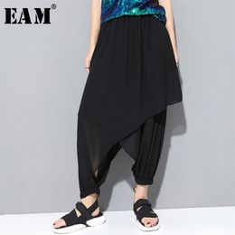 EAM New Spring Autumn High Elastic Waist Black Cross Chiffon Loose Long Harem Pant Trousers Fashion JS937 201012