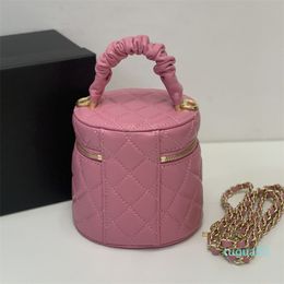 designer Round Bucket with Mirror Cosmetic Bag Classic Quilted Rhombus Flower Handle Zipper Hardware Braided Chain