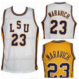 Custom Pete Maravich #23 College Basketball Jersey Men's Ed Any Name Number White Yellow Top Quality