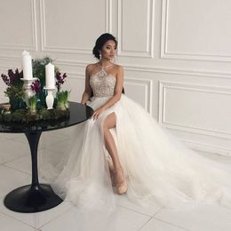 2022 Dubai Beach Sleeveless Crystal Beaded Wedding Dresses Halter Aline Tulle High Split Bridal Gowns Robe De Mariee BC5706