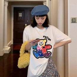Funny T Shirts Women 2022 Summer Korean Style Cartoon Teddy Bear Print Short Sleeve Cotton Tshirt Cute Tops Tee Shirt Femme T463 Women's T-S