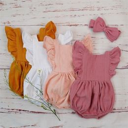 Organic Cotton Baby Girl Clothes Summer Double Gauze Kids Ruffle Romper Jumpsuit Headband Dusty Pink Playsuit For born 220426