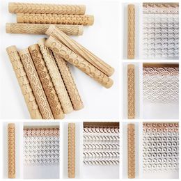 1PC Wooden Texture Rolling Pin Ceramic Pottery Art Embossed Rod Flower Pattern Mud Roll Reliefs Clay Tools Stone DIY Baking 220815