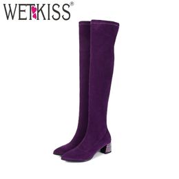 WETKISS Stretch Flock Women Over The Knee Boots Pointed Toe Footwear Crystal High Heels Female Boot Shoes Woman Winter Purple 201111