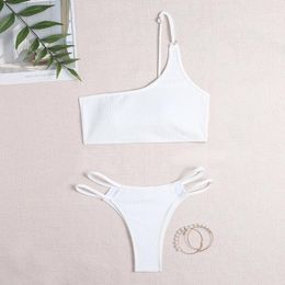 Women's Swimwear Sexy White Swimsuit Female Women One Shoulder Bikini Set 2022 Biquini Brazilian Bikinis String Ribbed Bathing Suit