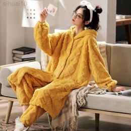 4XL Hoodie Casual Winter Pyjamas For Women Long Sleeve Pants Home Suit Loose Plus Size Coral Fleece Warm Set Pijama mujer L220803