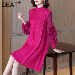 DEAT Woman Pleated Midi Dress Ruffles Mesh Long Sleeve Half Turtleneck Vintage Style Elegant Early Spring Fashion 15AB262 220613