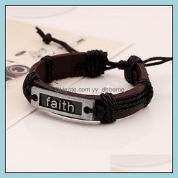 Charm Bracelets Jewellery Punk Style Borwn Leather Rope Handmade Braided Faith For Men Party Decor Bangle Jewe Dhstu