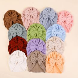 New Fashion Ribbed Bow Baby Turban Hat Infant Soft Elastic Beanies Cap Breathable Solid Colour Baby Girl Bonnet Hats for Newborn