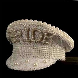 3Size Women Sequin Burning Military Handmade Luxury White Captain Sergeant Pearl Bride Festival Part Hat 220813