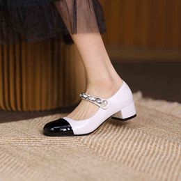 Dress Shoes Fashion Women White Mary Jane Genuine Leather Thick Heels Pumps for Wedding Basic Woman 220318