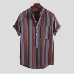 Short Sleeve Men's Hawaiian Shirt Tops Fashion Strip Print Stand Collar Linen Streetwear Shirt Men Top Summer New Style