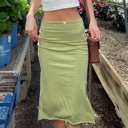 Fresh Green High Waist Midi Skirts Y2K Aesthetic Streetwear Sexy Bodycon Slit Summer White Bow Straight Skirt Outfits 220617