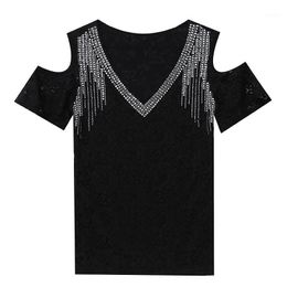 Women's T-Shirt Lace T-shirts Female Rhinestone Off Shoulder Summer Fashion Tops Diamond Tshirt Tees Poleras De Mujer Moda 2022 T Shirt